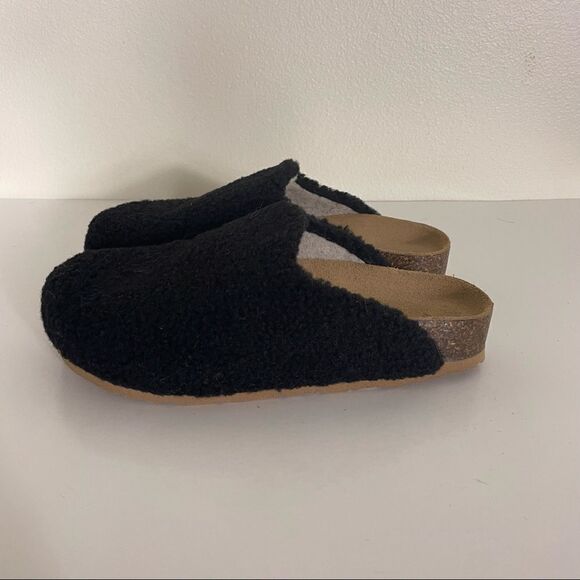 Garnet Hill Black Furry Top Slip On Slide Clog Shoes - Picture 6 of 9
